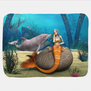 Dreamy Mermaid Dolphin Underwater Fantasy Art Baby Blanket