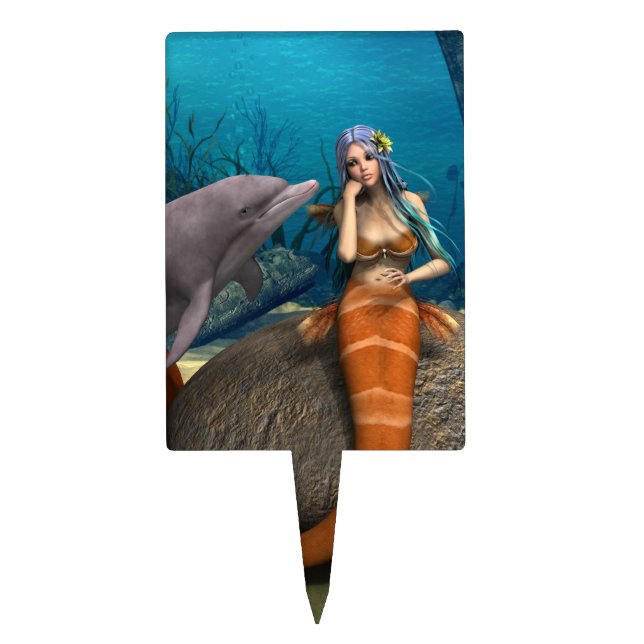 Dreamy Mermaid Dolphin Underwater Fantasy Art Cake Topper (Front)