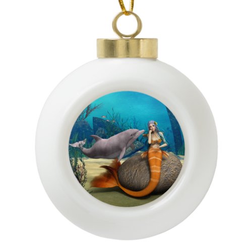 Dreamy Mermaid Dolphin Underwater Fantasy Art Ceramic Ball Christmas Ornament