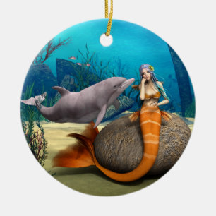 Dreamy Mermaid Dolphin Underwater Fantasy Art Ceramic Ornament
