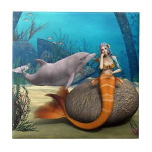 Dreamy Mermaid Dolphin Underwater Fantasy Art Ceramic Tile