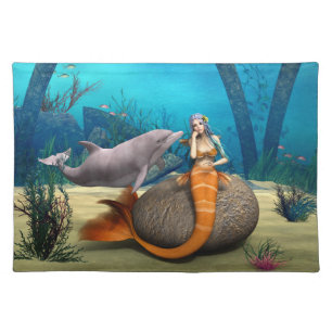 Dreamy Mermaid Dolphin Underwater Fantasy Art Cloth Placemat