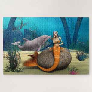 Dreamy Mermaid Dolphin Underwater Fantasy Art Jigsaw Puzzle