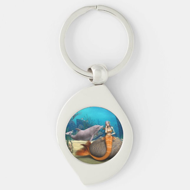Dreamy Mermaid Dolphin Underwater Fantasy Art Keychain (Front)