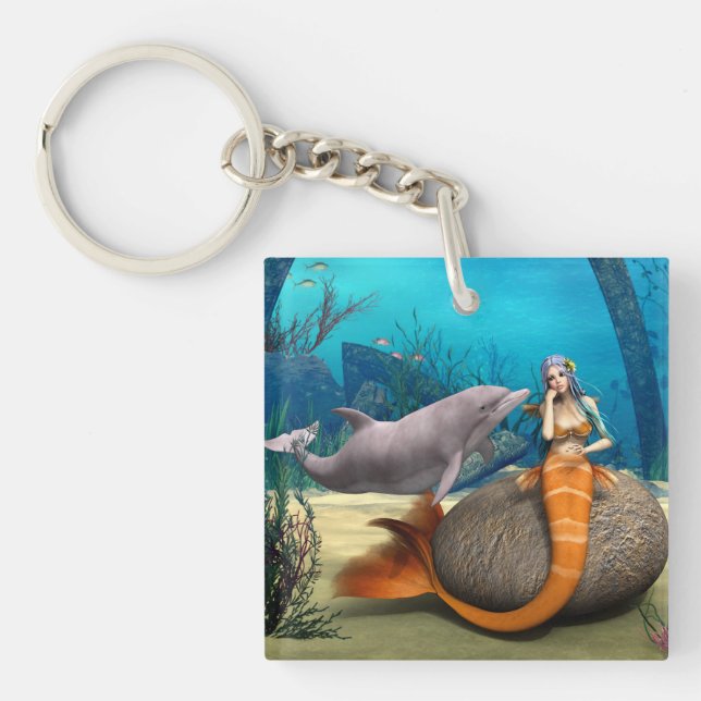 Dreamy Mermaid Dolphin Underwater Fantasy Art Keychain (Front)