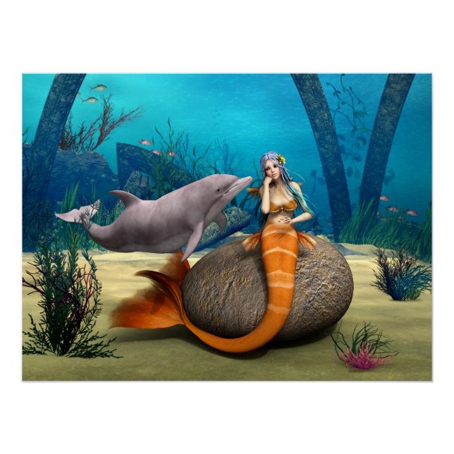 Dreamy Mermaid Dolphin Underwater Fantasy Art Poster (Front)
