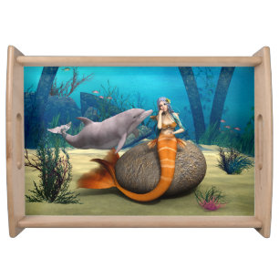 Dreamy Mermaid Dolphin Underwater Fantasy Art Serving Tray