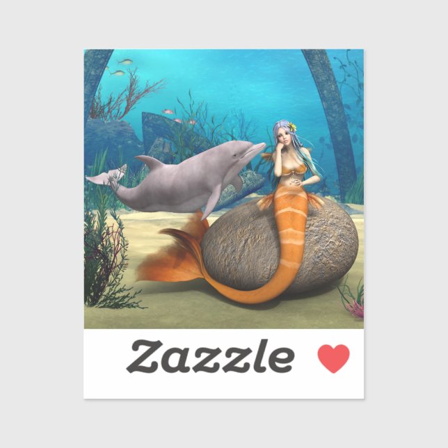 Dreamy Mermaid Dolphin Underwater Fantasy Art Sticker (Sheet)