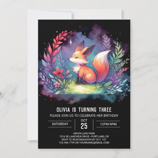 Dreamy Minimalist Fox Birthday digital Invitation (Front)