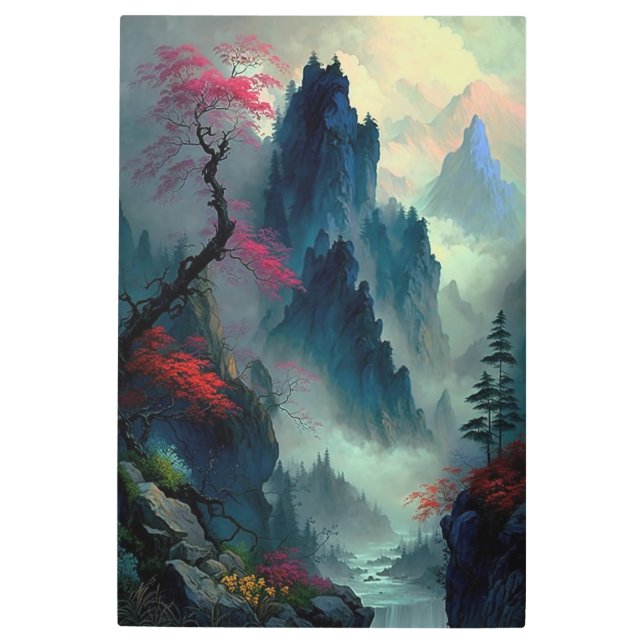 Dreamy Misty Mountain Landscape Metal Wall Art (Front)