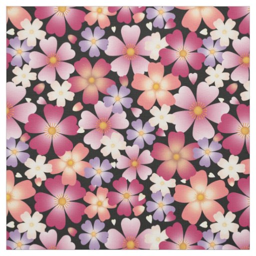 Dreamy Mixed Blossoms on Black Medium Scale Fabric