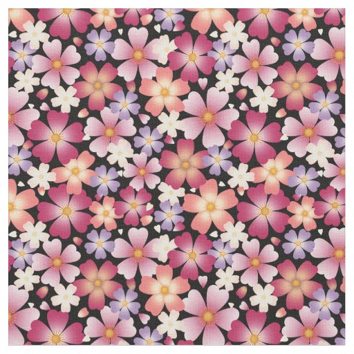 Dreamy Mixed Blossoms on Black Small Scale Fabric