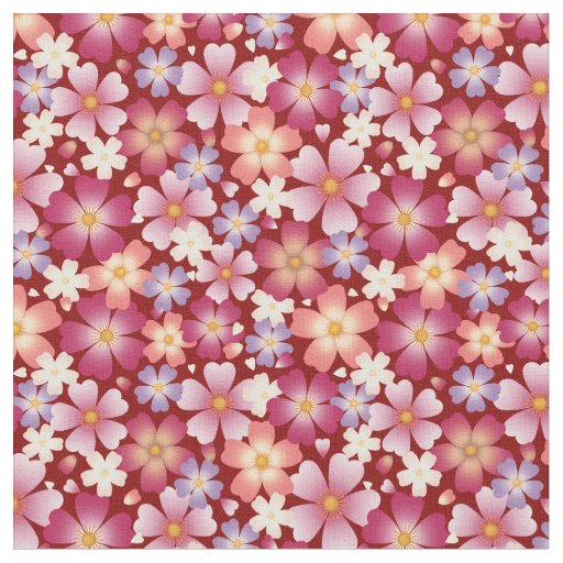 Dreamy Mixed Blossoms on Red Small Scale Fabric