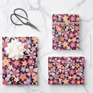 Dreamy Mixed Flowers on Black Wrapping Paper Sheets