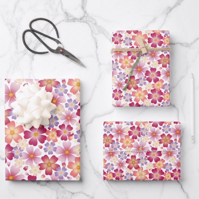 Dreamy Mixed Flowers on White Wrapping Paper Sheets (Front)