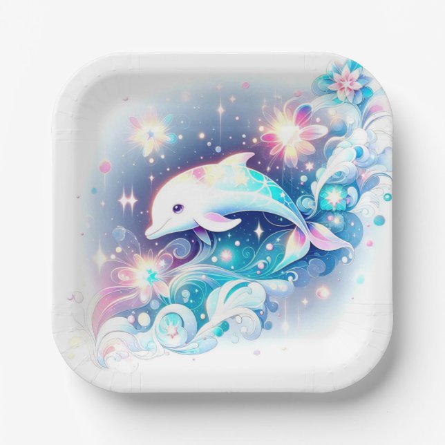 Dreamy Modern Dolphin Baby Shower Paper Plates (Front)