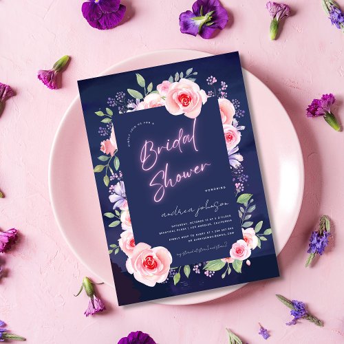 Dreamy Modern Floral Fantasy Neon Bridal Shower Invitation