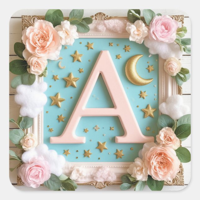 🌙 Dreamy Monogram A Nursery Design 🌙 Square Sticker (Front)