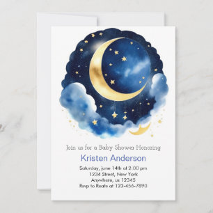 Dreamy Moon and Stars Blue Boy Baby Shower Invitation