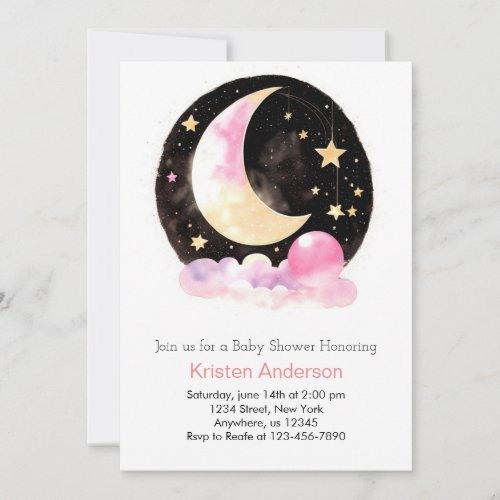 Dreamy Moon and Stars Pink Girl Baby Shower Invitation