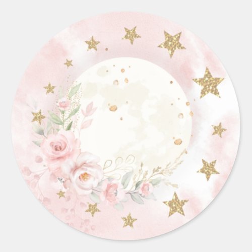 Dreamy Moon Blush Pink Gold Floral Greenery Baby Classic Round Sticker