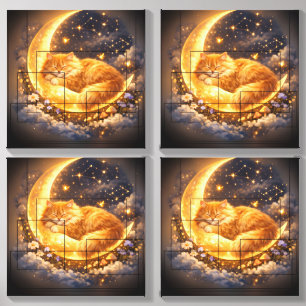 Dreamy Moon Cat Living Room Decor,Canvas Canvas Photo Tile