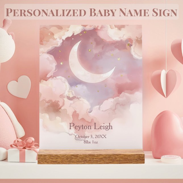 Dreamy Moon & Clouds Personalized Nursery Acrylic Sign (Personalized celestial nursery sign with moon, clouds & stars in soft pink watercolor tones)