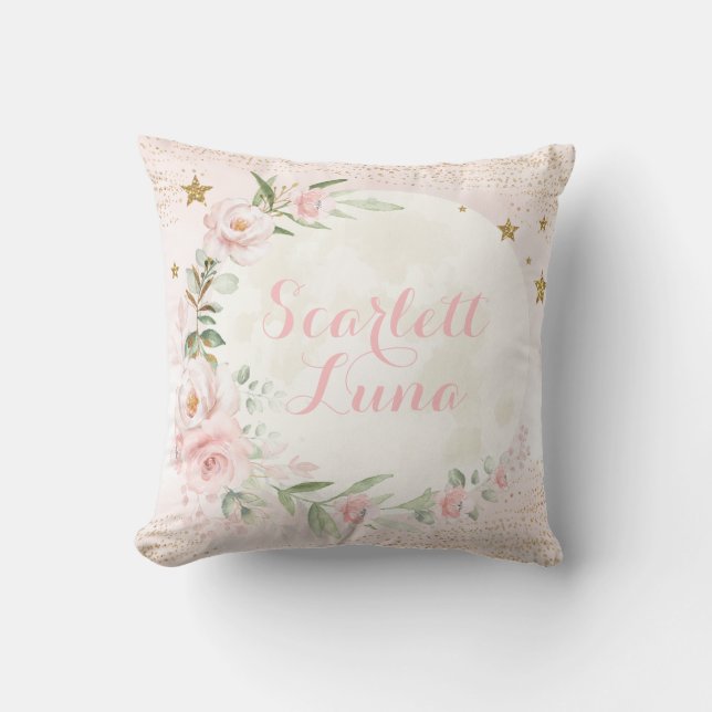 Dreamy Moon & Stars Blush Pink Gold Floral Nursery Throw Pillow (Front)