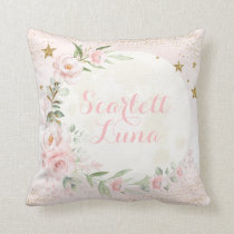 Dreamy Moon & Stars Blush Pink Gold Floral Nursery Throw Pillow