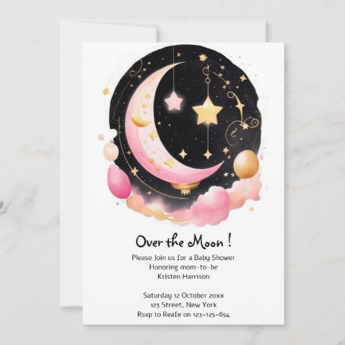 Dreamy Moon  Stars Theme Baby Girl Shower Invitation