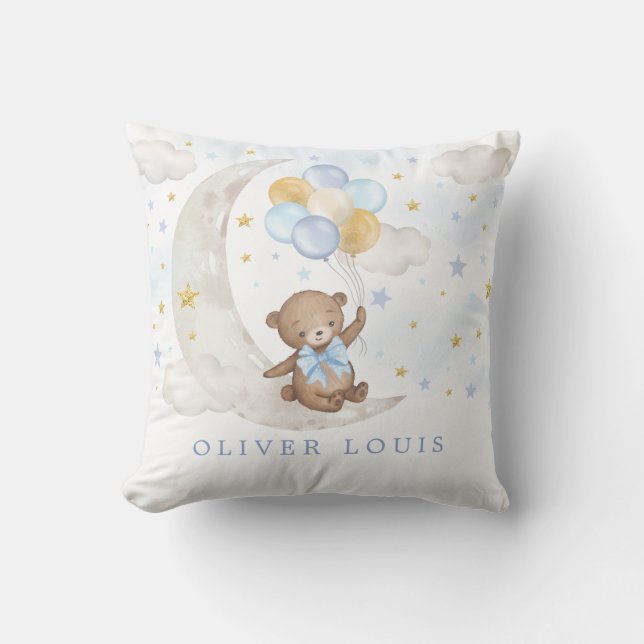 Dreamy Moon Teddy Bear Blue Gold Balloons Baby Boy Throw Pillow (Front)