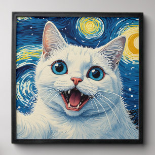 Dreamy Moonlight Starry Night White Cat Wall Art Peel And Stick Photo Tile