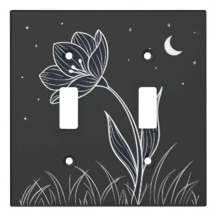 Dreamy Moonlit Flower Line Art with Stars Light Switch Cover
