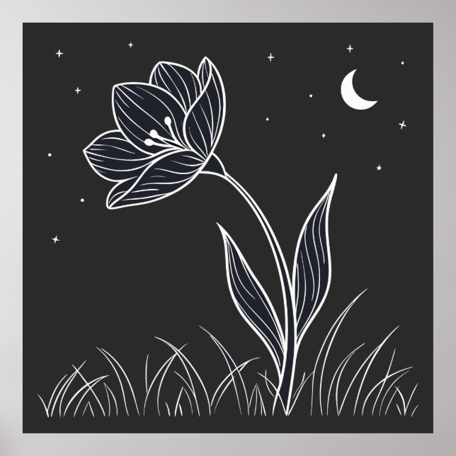 Dreamy Moonlit Flower Line Art with Stars Poster (Front)