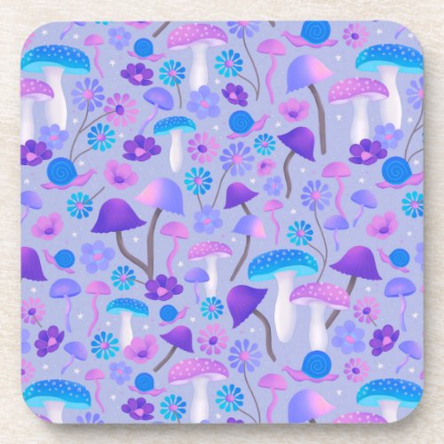 Dreamy Mushrooms Floral Woodland Purple Turquoise Beverage Coaster