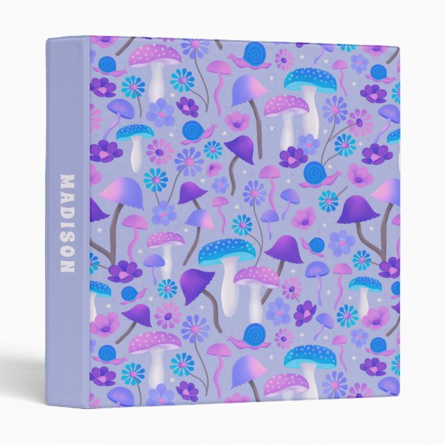 Dreamy Mushrooms & Flowers Purple Turquoise 3 Ring Binder (Front/Spine)