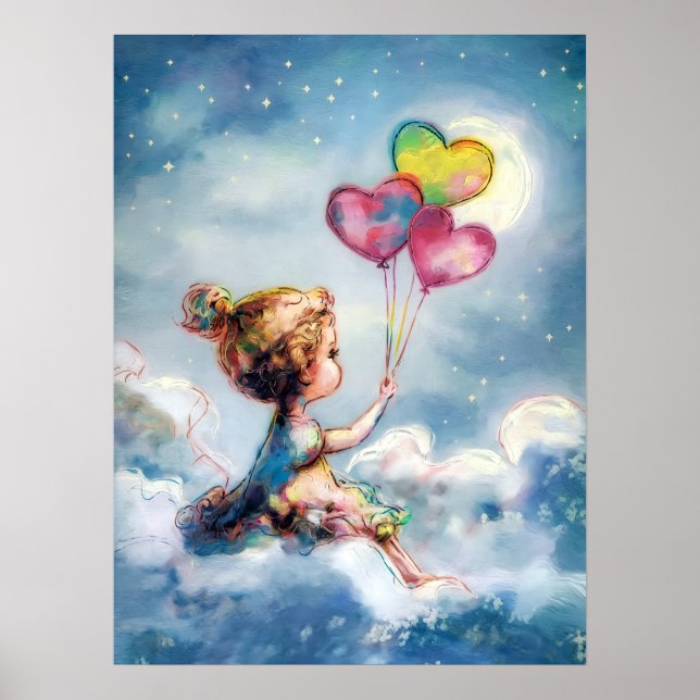 Dreamy Night Sky - Whimsical Girl with Balloons Poster (Front)