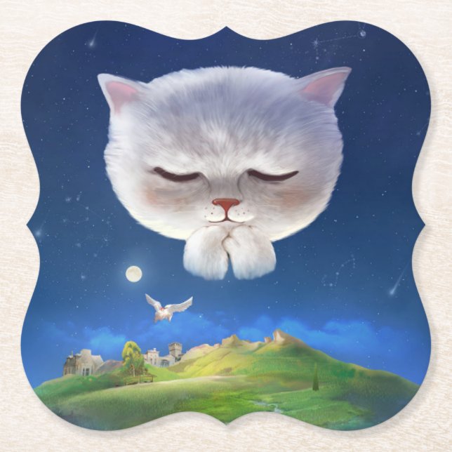 Dreamy Night Sky with Cat Paper Coaster (Front)