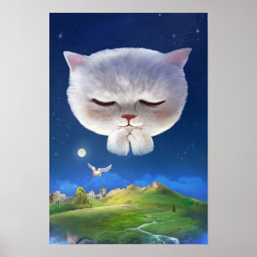 Dreamy Night Sky with Cat Poster