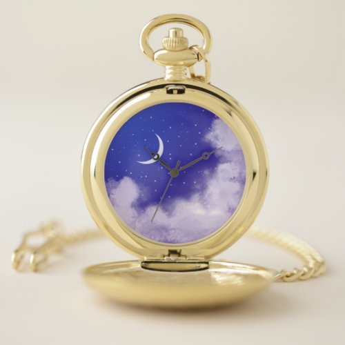 Dreamy Night Sky with Crescent Moon Celestial Pocket Watch