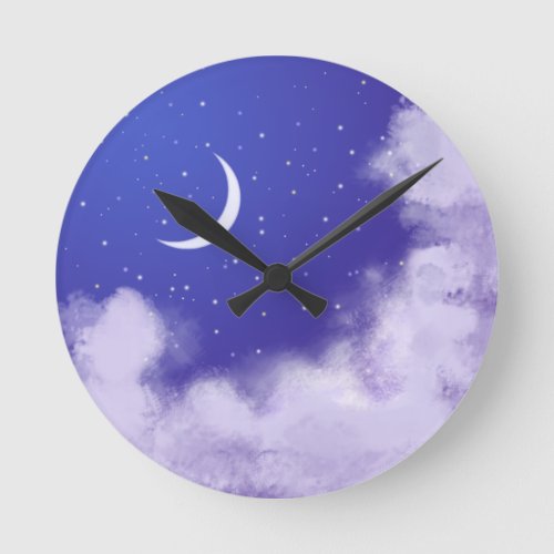 Dreamy Night Sky with Crescent Moon Round Clock