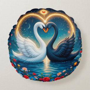 Dreamy Night Swan Surrounded by Roses and Elegance Round Pillow