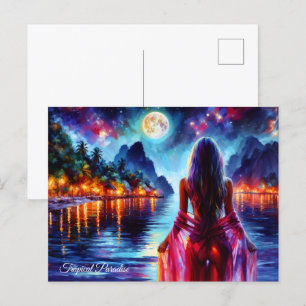 Dreamy ocean beach girl with moon and lights postcard