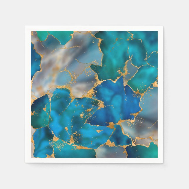 Dreamy Ocean Blue and Gold Napkins (Front)