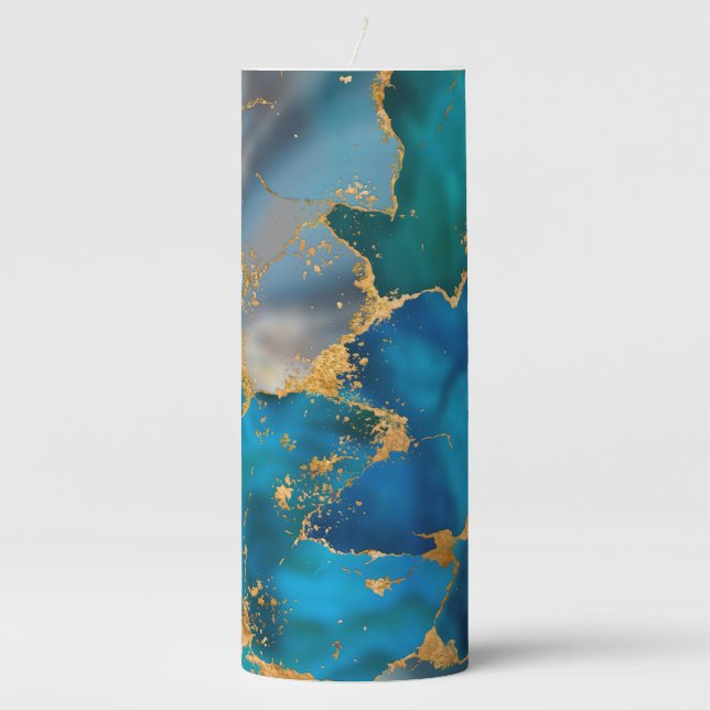 Dreamy Ocean Blue and Gold Pillar Candle (Front)