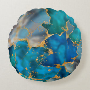 Dreamy Ocean Blue and Gold Round Pillow