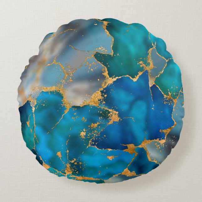 Dreamy Ocean Blue and Gold Round Pillow (Front)