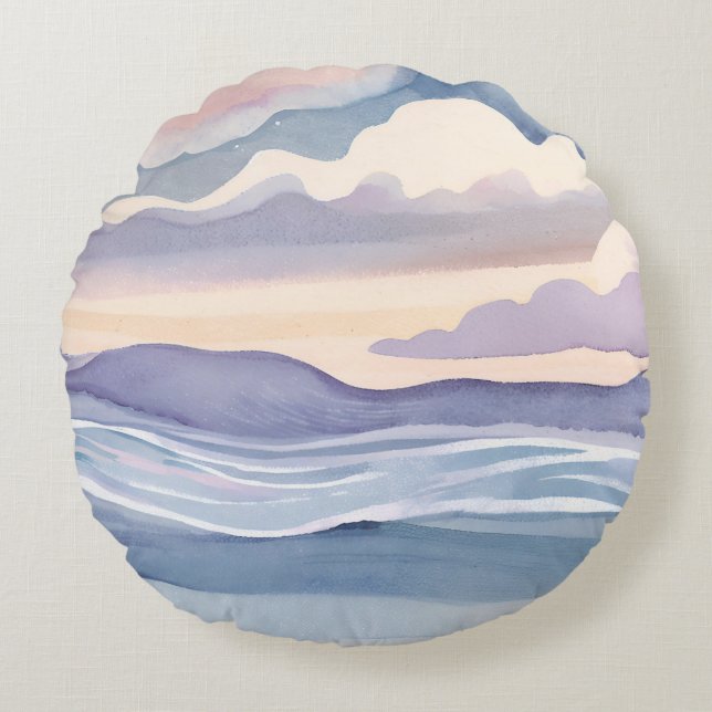 Dreamy Ocean Waves | Watercolor Round Pillow (Front)