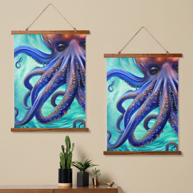 Dreamy Octopus Blue Ocean Wave Pop Art Hanging Tapestry (Asymmetrical)