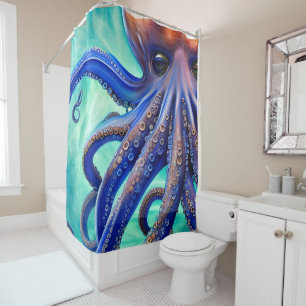 Dreamy Octopus Blue Ocean Wave Pop Art Shower Curtain